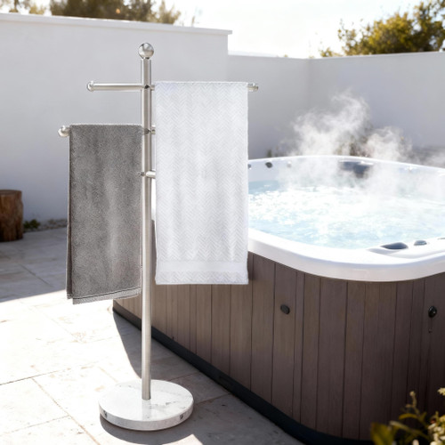 Hestiasko Marble Outdoor Towel Rack, 62.2 Inch Free Standing Towel Holder, 18/8 Stainless Steel Towel Stand, Hot Tub Towel Rack Outdoor with 3 Adjustable Bars for Pool, Patio & Spa