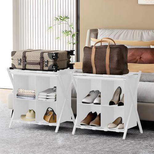 Huhote Luggage Rack for Guest Room, Set of 2, Folding Suitcase Stand with Fabric Storage Shelf, Luggage Holder, Steel Foldable Luggage Stand for Guest Room, Bedroom, Hotel, White