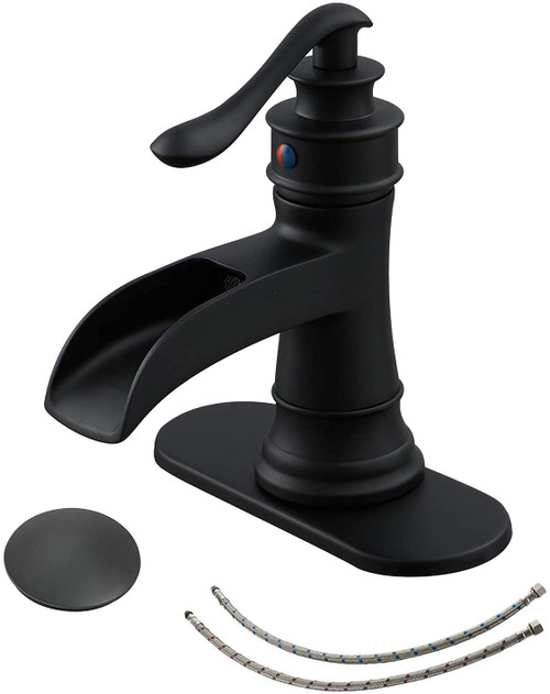 BWE Waterfall Bathroom Faucet Matte Black Bathroom Sink Faucet with Pop Up Drain Single Handle Deck Plate for 1 or 3 Hole Vanity Farmhouse Mixer Tap Fits All States, California 1.2 GPM Standard