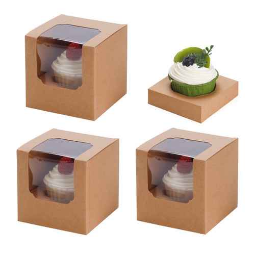 NPLUX 50 Pcs Cupcake Boxes Individual Cupcake Containers Pre-Assembled Single Cupcake Boxes 3.5"x3.5"x3.5" with 50 Pcs Inserts for Cupcakes Muffins Party Favors(Brown)