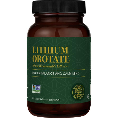 Global Healing Center - Lithium Orotate 10mg - Non-GMO, Gluten Free, Vegan Friendly Brain Health Lithium Supplement for Supporting Mood, Function, and Clarity (60 Capsules)