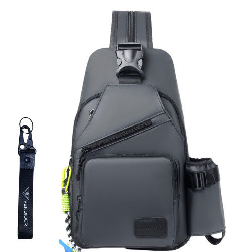 Vendioer Convertible Anti-theft USB Port Sling Bag with Bottle Holder, Travel Hidden Zipper Crossbody Chest Shoulder Backpack (Gray)