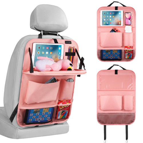 LUCMO Car Backseat Organizer with Tablet Holder,6 Storage Pockets Car Storage Organizer with Foldable Food Tray,Seat Protectors Kick Mats Travel Accessories-Pink