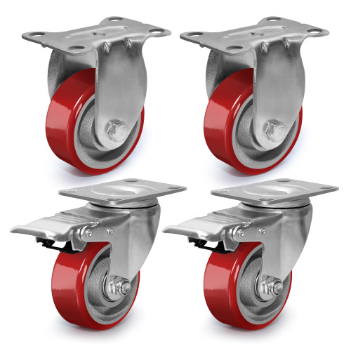 3 Inch Heavy Duty Casters, Swivel Caster Wheels with Brake, Polyurethane on Steel Wheel- Casters Set of 4 with 1400 lb Capacity, Caster Wheels for Furniture Workbench Cart (2 Brake & 2 Rigid)