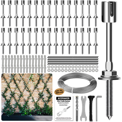 Acemaker Wire Trellis for Climbing Plants Outdoor, 30-Set Wall Wire Trellis Kit with 5/64"(2mm) x 150ft Stainless Steel Cable, T316 Espalier System for Fence and Garden DIY Projects
