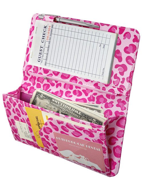Server Book for Waitress Book with Zipper Pocket and Magnetic Closure, 5"×9" Pink Leopard Cute Server Wallet with Money Pocket, Restaurant Waitstaff Organizer Fit Server Apron