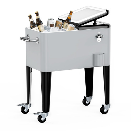SHAREWIN 60 Quart Rolling Ice Chest, Portable Patio Party Drink Cooler Cart with Bottle Opener & Cap Collector & Drain for Patio Party BBQ & Beach Activities (Silver)