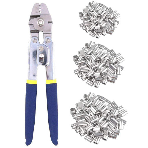 TooTaci Wire Rope Cable Crimping Tool, Wire Rope Swaging Tool with Cutting Function, Cable Crimper Up to 2.2mm (3/32 inch) with 200pcs 3 Size Aluminum Double Barrel Ferrule Crimping Loop Sleeves