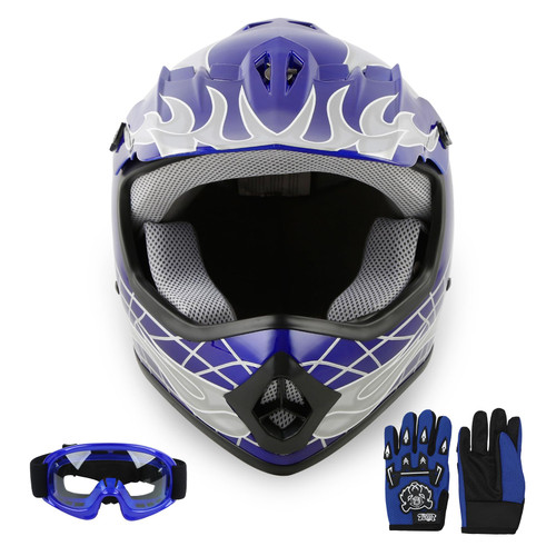 SLMOTO DOT Youth & Kids Motocross Offroad Street Helmet Blue Skull Motorcycle Youth Helmet Dirt Bike Motocross ATV Helmet+Goggles+Gloves Medium