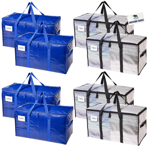 RUGGED RHINO 8 Pack Heavy Duty Extra Large Moving Bags, Durable Bag Strong Handles and Zipper, Moving Boxes Alternative for College Packing, Holiday Décor, Space Saving Storage with Label, Blue/Clear