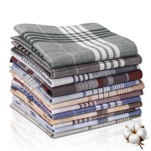 ARKBAODAN 12 pack Men's Handkerchiefs 100% Cotton 16 inch Large Mens Pocket Square Handkerchief with Check