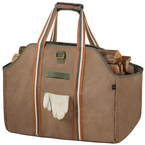 BONTHEE Firewood Carrier Bag, Waxed Canvas Log Carrier, Waterproof Extra Large Log Carrier Holder Freestanding Tote Bag for Firewood - Brown
