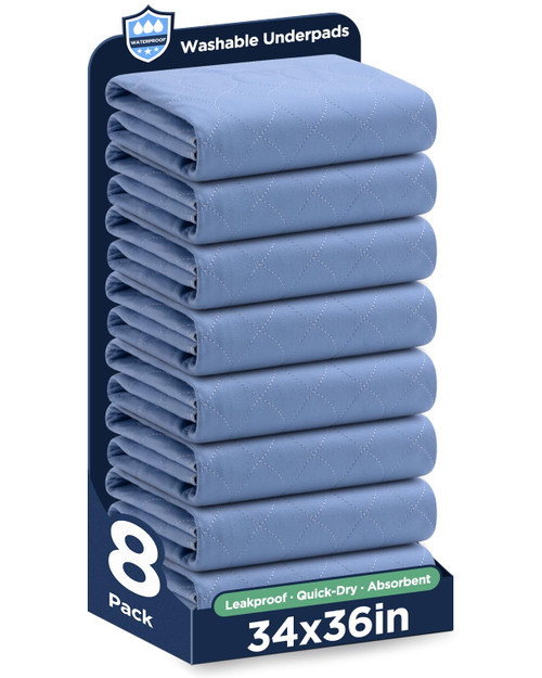 Washable Bed Pads 34" x 36" - 8 Pack, Blue, Waterproof Bed Pads for Incontinence, Bed Wetting Pads for Bed, Sofa, Floor, Resuable Underpads for Adults, Seniors, Pet