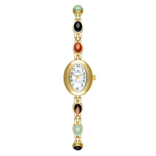 Women's Gold Petite Vintage Colorful Jade Crystals Beaded Waterproof Watch Small Pearl Oval Dial Arabic Numerals Fashion Bracelet Wrist Watch (Gold White)