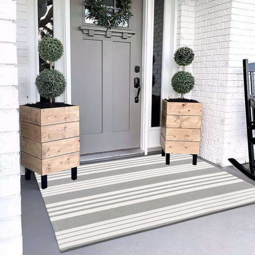 OJIA Entryway Rug 3'x5' Cotton Hand Woven Front Door Mat Outdoor Doormat Machine Washable Outdoor Rugs Grey and White Striped Entry Rug Porch Rugs for Farmhouse/Bedroom/Home Entrance Decor