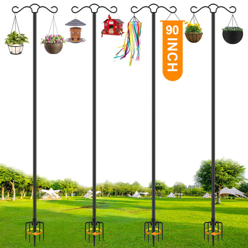 SINLEY 4 Pack 90 inch Double Shepherds Hook for Outdoor with 5 Prong Base Heavy Duty Two Sided Bird Feeder Pole for Hanging Lantern,Hummingbird Feeder,Lightweight Plant,Shepherds Hook