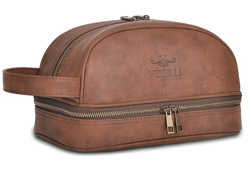 Vetell Classic Leather Men's Travel Toiletry Bag and Dopp Kit with Upper and Lower Zippered Compartments, 2 Mesh Bottle Pouches and Carrying Handle