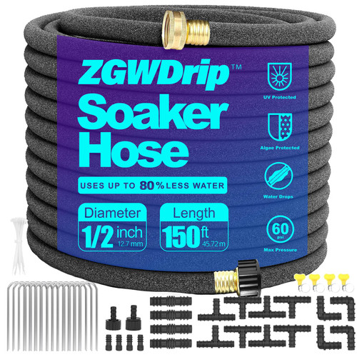 ZGWDrip Soaker Hose 150 FT,1/2 Inch Soaker Garden Hose with 3/4" Solid Brass Connectors Save 80% Water Drip Irrigation Kit for Lawn/Yard Landscaping beds