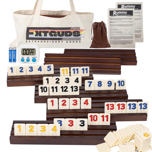 Extguds 6 Player Rummy Cube Game Set, Classic Large Tiles Rummy Cube Game, with 6 Wooden Racks/Trays, 160 Rummy Tiles, Portable Canvas Bag, 1 Timer, 1 Storage Bag,for Family and Party