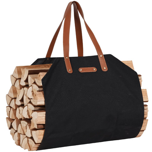 Permade Firewood Carrier with Real Leather Handles, Log Carrier for Firewood Canvas, 38.4x17.3inch Wood Carrier for Fireplace, Water Resistant Firewood Tote Bag, Stove, Outdoor Camping - Black