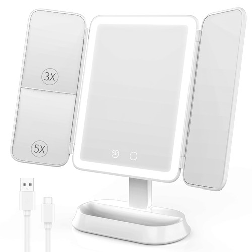 FRANO Vanity Mirror with Lights - Rechargeable Lighted Makeup Mirror | 1X/3X/5X Magnification, Smart Touch, 3 Colors Dimmable | Portable Trifold Mirror for Travel for Women and Girls