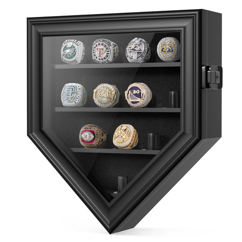 Championship Ring Display Case, 12 Posts Baseball Ring Holder, Lockable Wall Mount Wooden Shadow Box for Multiple Championship Rings