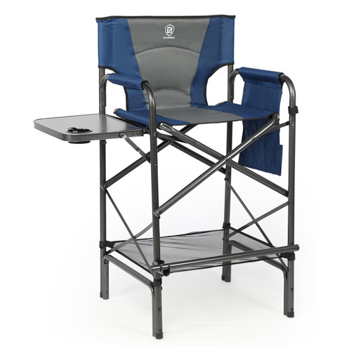 EVER ADVANCED Tall Folding Chair 30.7" Seat Height Directors Chair High Foldable Bar Stool for Makeup Artist Face Painting with Side Table Cup Holder and Storage Pocket Supports 350LBS (Blue/Grey)