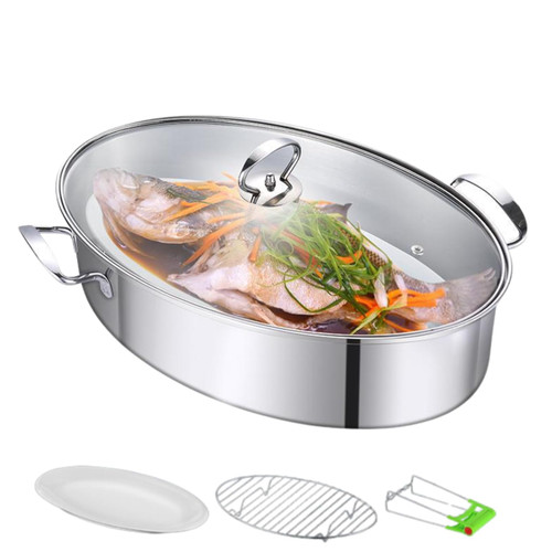 GOVNPJ Stainless Steel Fish Steamer, Fish Steamer for Cooking Multi-Use Oval Pasta Pot/Braiser with Rack, Ceramic Pan, Chuck, Stockpot for Steaming Fish, Boiling Soup