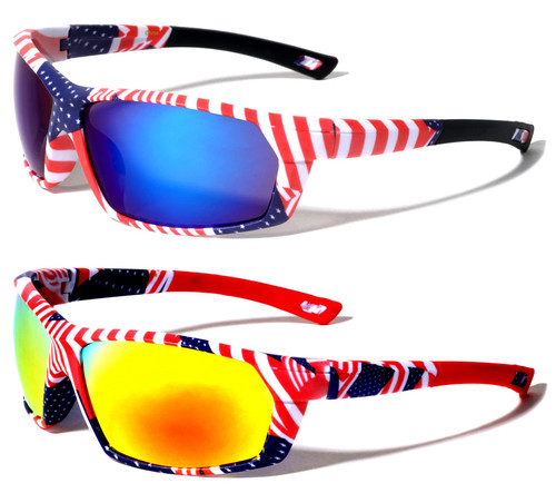 V.W.E. 2 Pairs Men USA Patriotic Sport Wrap Around Sunglasses With Mirror Lens - UV Protection (1 Blue 1 Orange)