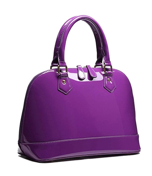 Patent Leather Dome Satchel Purse Zip-around Handbag Multi-Pocket Shoulder Bag Shiny Large Top-handle Shell Bag (Purple)