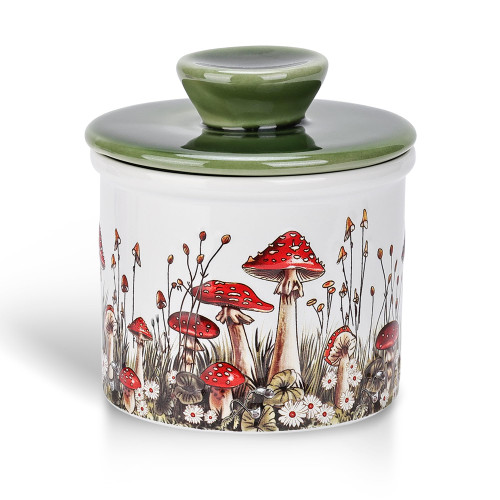 Fungi Fun Mushroom Butter Crock, Ceramic French Butter Dish with Lid for Countertop, Decorative Mushroom Kitchen Accessories and Kitchen Decor, Airtight Ceramic Container & Keeper White, Red & Green