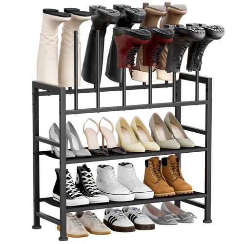 DIMJ Boot Rack 4-Tier - Black Metal Boot Storage Rack for Tall Boots Organizer Tall Boots, Multiuse Shoe Rack for Boots, Sneakers, High-Heel, Entryway, Fits 6 Pairs