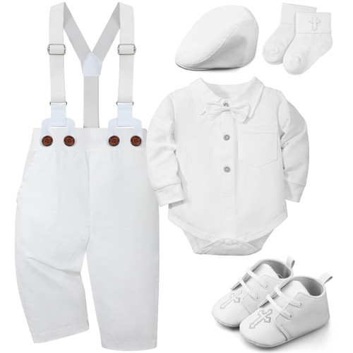 Bunnycool 5 Pcs Baby Boy Baptism Outfits Includes Shirt Beret Hat Suspender Pants Shoes Socks Christening Outfits for Boys(6-12 Months)