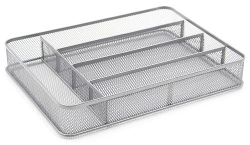TQVAI Silverware Organizer - 5 Slots Non-Slip Mesh Kitchen Drawer Organizer - Metal Compact Utensil Cutlery Holder in Drawer Tray, Silver