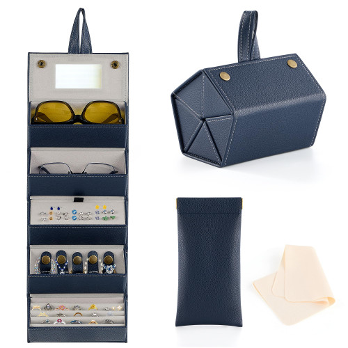 CO-Z 5-Slot Sunglasses Organizer, Folding Glasses Organizer for Multiple Pairs with Mirror, Travel Sunglasses Case for Women & Men, Sunglasses Storage Case for Jewelry with Carry Handle, Blue