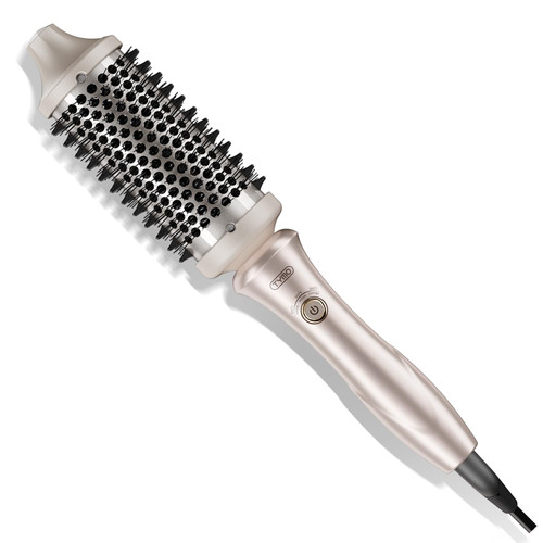 TYMO 2.0 Thermal Brush Curling Brush - STYLUX 1.7" Blowout Volumizer with Flexi-Fit for Hair Straightening, Heated Round Styler Tool, Hair Straightener and Curler 2 in 1, Dual Voltage & Light, Gold