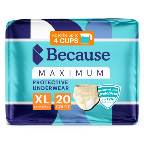Because Discreet Maximum Adult Incontinence & Postpartum Underwear for Women, High Absorbency, Disposable, Absorbs Up to 4 Cups, Beige, X-Large, 20