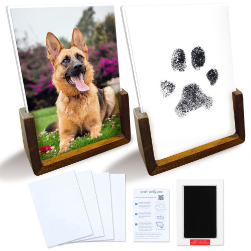Green Pollywog | Wood Base Pawprint Frame Kit | (2) 4” x 6” Vertical Wooden Picture Frames | Extra-Large Clean Touch Ink Pad | Dog Paw Print Gifts | No Mess Ink Pad | Pet Memorial Picture Frame