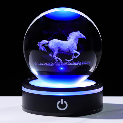YWHL 3D Crystal Horse Figurine with LED Base, Horse Gifts for Men Women on Christmas Birthday, Glass Sphere Animal Decorative Ball for Home Decor (80mm)
