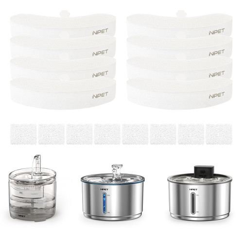 NPET Upgraded Design 8 Pack Replacement Filters for WF050/WF100 Cat Fountain and WF210 Stainless Steel Pet Water Fountain Cat Water Dispenser