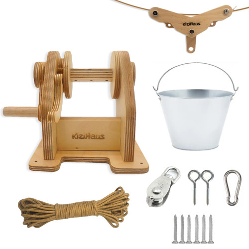kizihaus Bucket Pulley Kit for Kids – All-in-One Hand Winch, Cable Trolley & Pulley System for Loft Beds, Playhouses, Treehouses