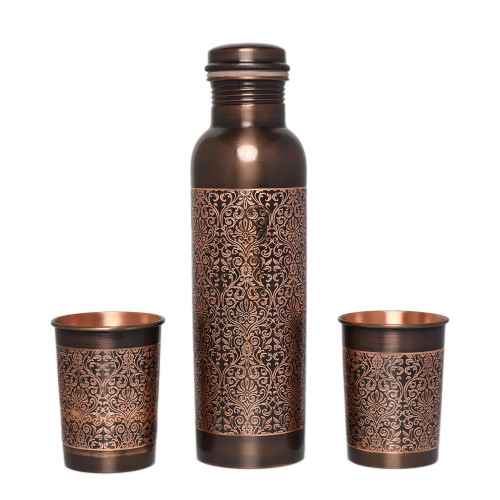 Pure Copper Water Bottle with 2 Tumblers Set, Beautiful Floral Pattern For Ayurveda Health Benefits