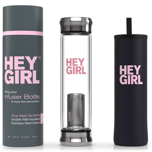 Hey girl Glass Water Bottle Tea Infuser - 14oz Insulated Glass Bottles with Tea Steeper & Silicone Sleeve for Loose Leaf Tea & Infused Fruit - Travel Tea Brewer Tumbler Mug - Gifts for Tea Drinkers