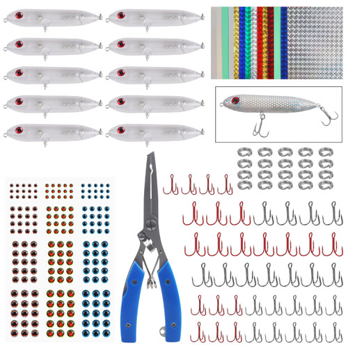 Unpainted Fishing Lures Making Kit, 278/289pcs DIY Blank Fishing Lures Set with Treble Hooks Split Rings 3D Eyes Fishing Stickers Pliers Fishing Tackle