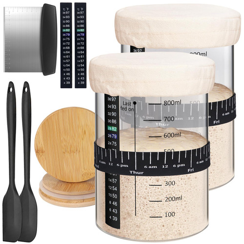 Kmise 2 Pack Pro Sourdough Starter Jar, 34 Oz Large Capacity DIY Glass Sourdough Starter Jar Kit With Thermometer, Date Marked Feeding Band, Cloth Cover, Spatula and Cutter - Reusable baking supplies