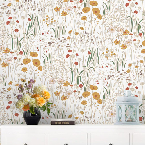 Jeweluck Floral Peel and Stick Wallpaper Wild Floral Wallpaper 15.7inchx118.1inch Vintage Flower Contact Paper Farm Boho Daisy Self Adhesive Removable Wall Paper