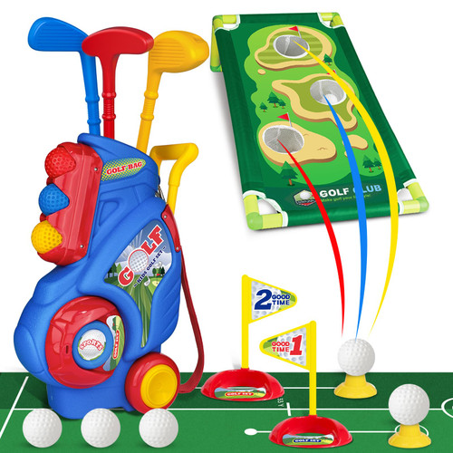 Jovizo Toddler Golf Set for Boys Girls 2 3 4 5 Years Old, Upgraded Kids Golf Cart with Putting Mat & Cornhole Board, Outdoor Indoor Sports Toys, Blue