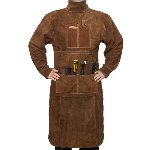 YESWELDER Leather Welding Apron with Sleeve and 6 Pockets, Heat Flame Resistant Cowhide Welder Apron, Brown, Large
