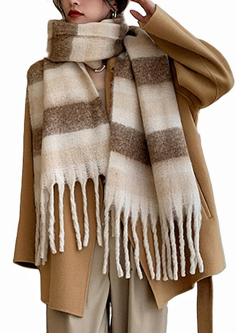 Wander Agio Winter Women Warm Scarf Long Shawl Large Scarves Cold Weather Thicker Blanket Wrap Colour Plaid Stripe Brown Beige 14
