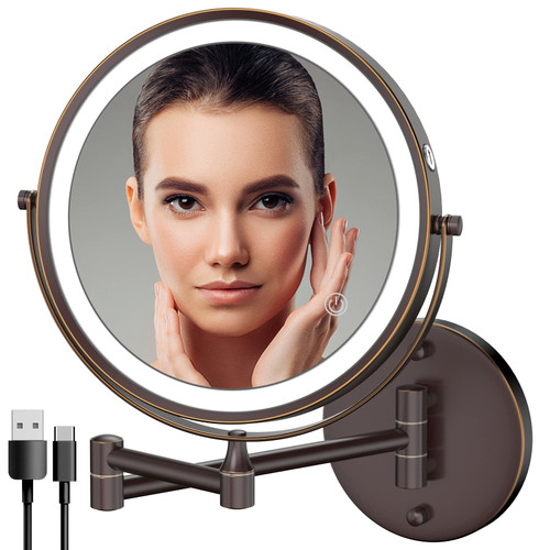Rocollos Rechargeable Wall Mounted Lighted Makeup Mirror, 8 Inch Double-Sided LED Vanity Mirror 1X/10X Magnification,3 Color Lights Touch Screen Dimmable 360°Swivel 13 Inch Extendable